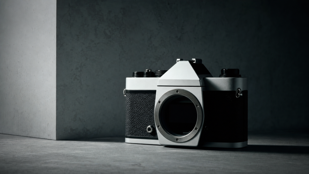 Editorial still-life of an analog film camera in cool grey studio light — visual metaphor for pornomatik, an aesthetic register that treats sex-adjacent subject matter with fine-art craft